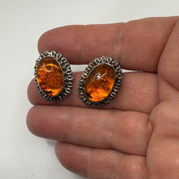 Sterling Silver Amber Oval Stud Earrings - Deep Orange - Picture 3 of 13